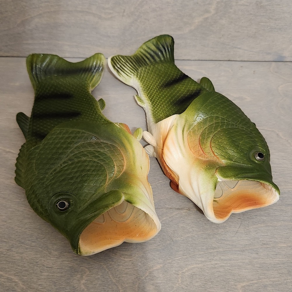 Bass Fish Slippers Sandals Novelty Funny Summer Shoes Quirky Green Size 34/35